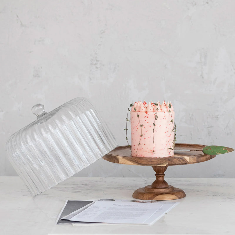 Creative Co-op WOOD PEDESTEL WITH FLUTED GLASS CLOCHE