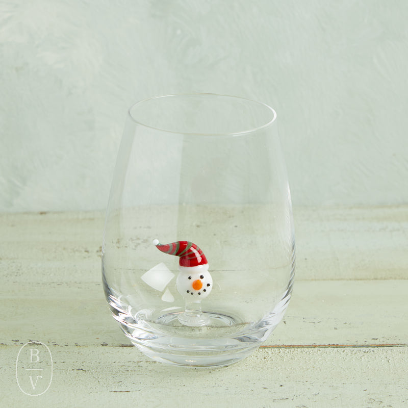 Creative Co-op Holiday Stemless Wine Glass with Festive Figures (Santa, Reindeer, Snowman) Snowman Stripe Hat