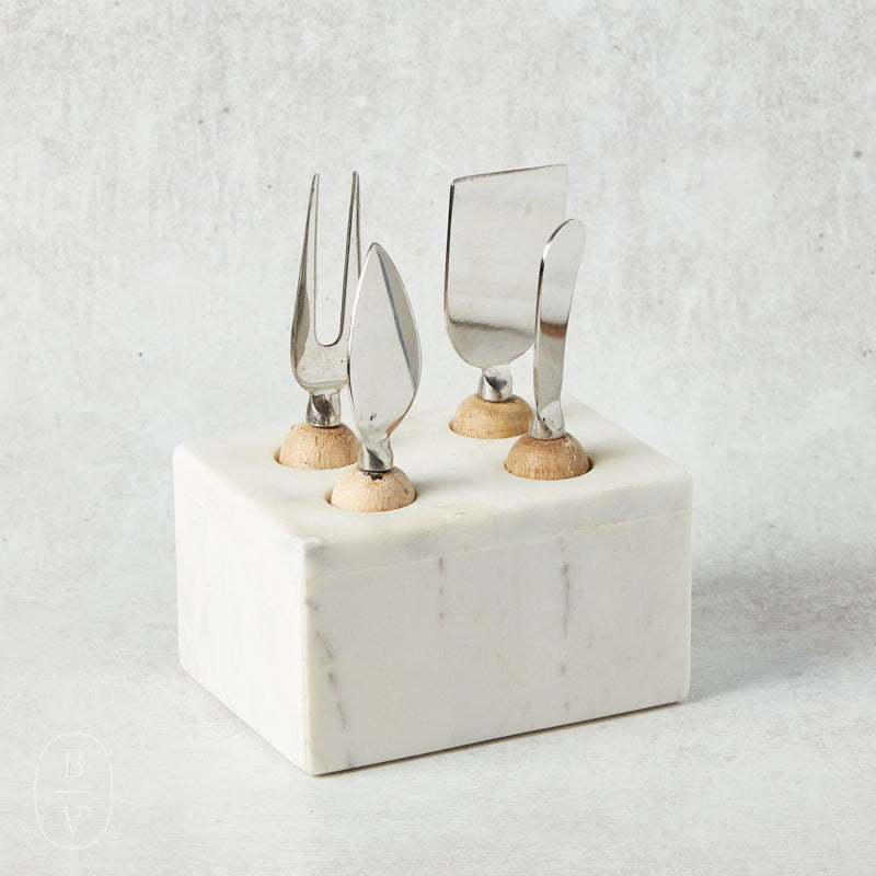 Creative Co-op STAINLESS STEEL CHEESE SERVING SET WITH MARBLE STAND