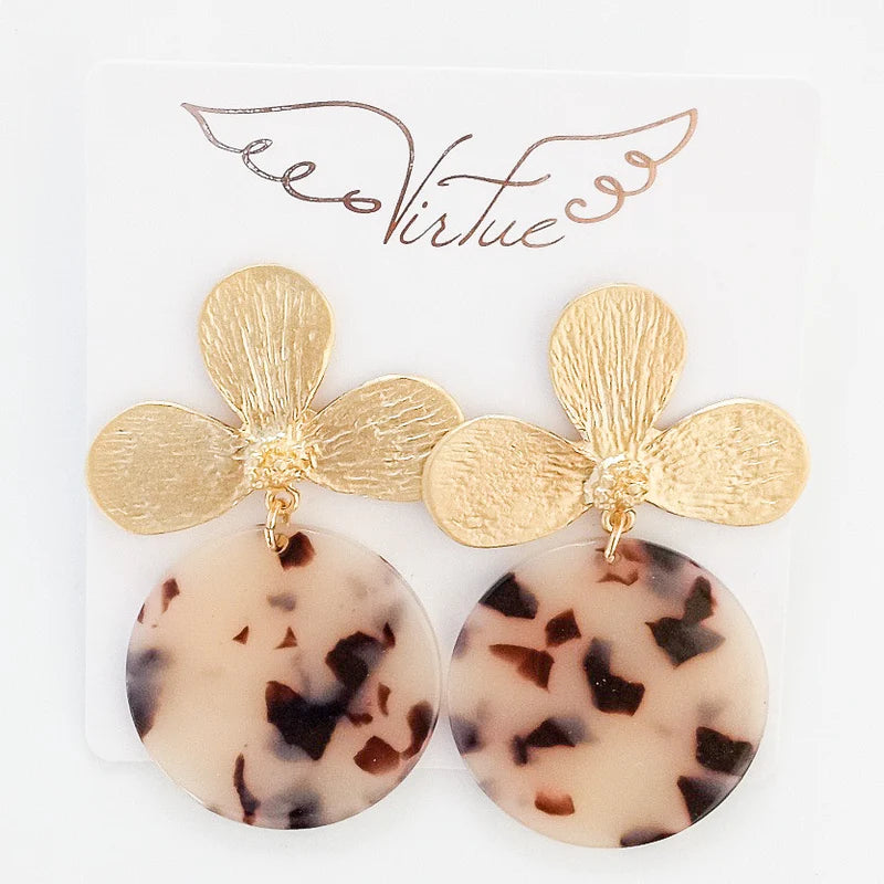 Virtue GOLD LOTUS FLOWER POST ACRYLIC CIRCLE DISC EARRINGS Light Tortoise