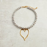 Virtue GOLD LARGE HAMMERED HEART PEARL NECKLACE Grey