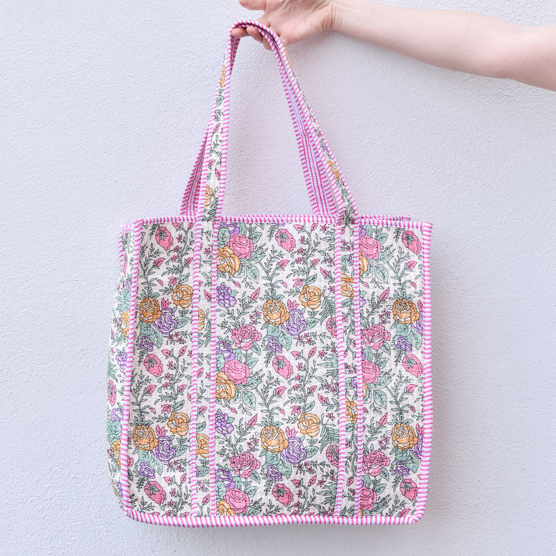 Queens Designs REGULAR QUILTED TOTE BAG Jewel Tone Flowers Pink Stripe XL