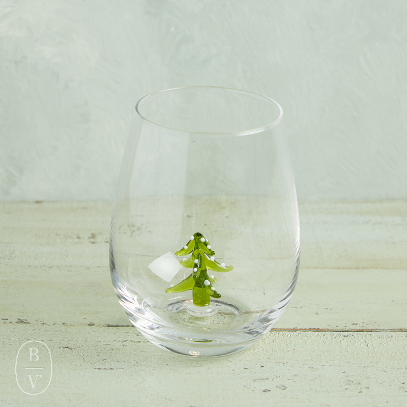 Creative Co-op Holiday Stemless Wine Glass with Festive Figures (Santa, Reindeer, Snowman) Christmas Tree