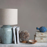 Creative Co-op GREEN STONEWARE LAMP WITH LINEN SHADE