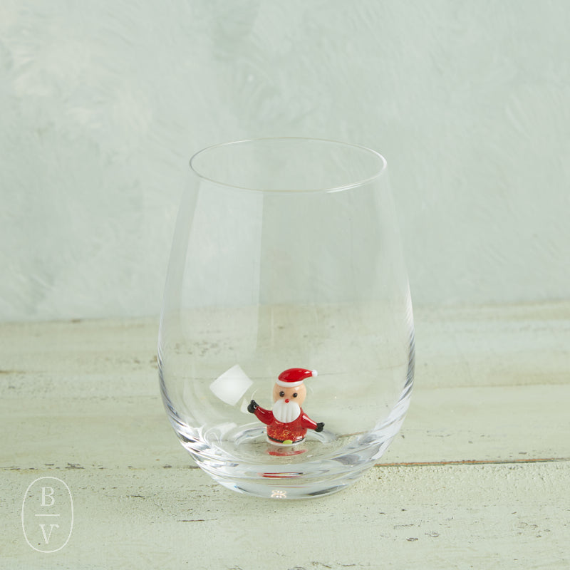 Creative Co-op Holiday Stemless Wine Glass with Festive Figures (Santa, Reindeer, Snowman) Santa