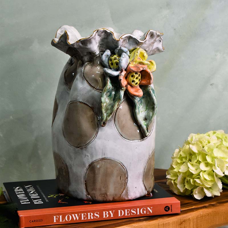 Dixie Pottery GOLD RIM JUMBO SAK VASE WITH FLOWERS Mocha Dot