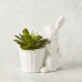 K and K Interiors BUNNY WITH BASKET PLANTER White