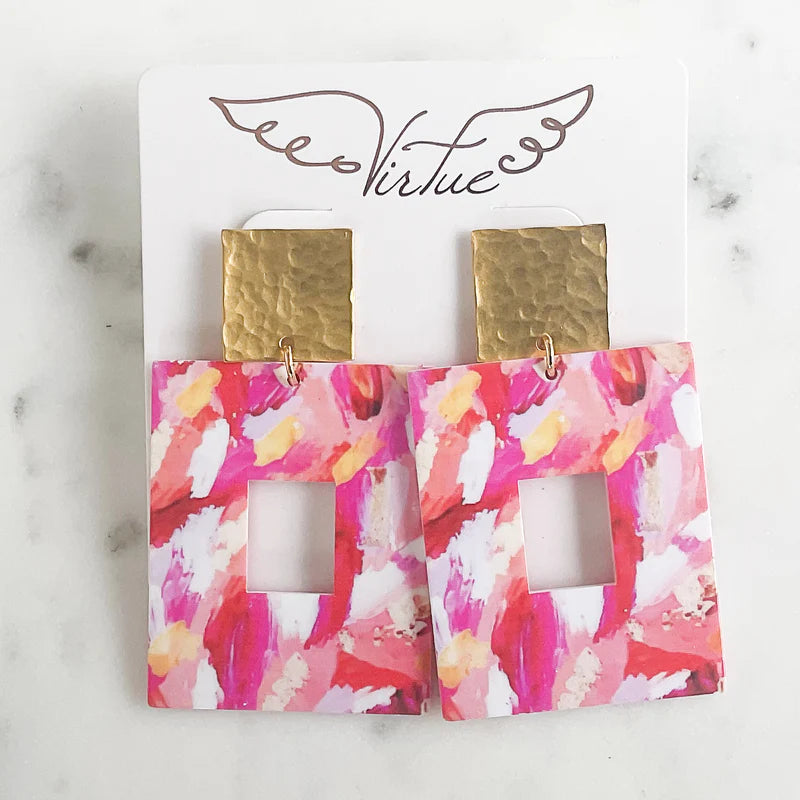 Virtue GOLD SQUARE POST ACRYLIC RECTANGLE EARRINGS Paint Stripe