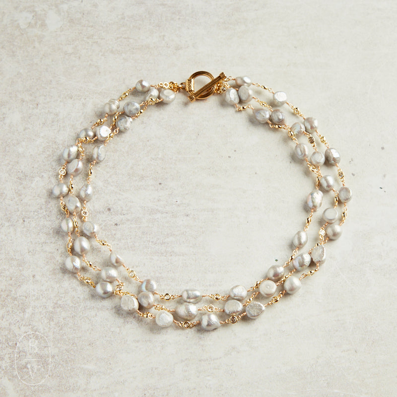 Virtue PEARL ROSARY TRIPLE LAYER NECKLACE PLAIN Grey Gold