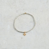 eNewton Design FACETED HEMATITE SIGNATURE CROSS GOLD CHARM BRACELET Bright Silver 2mm