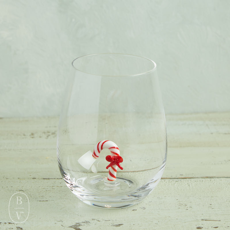 Creative Co-op Holiday Stemless Wine Glass with Festive Figures (Santa, Reindeer, Snowman) Candy Cane