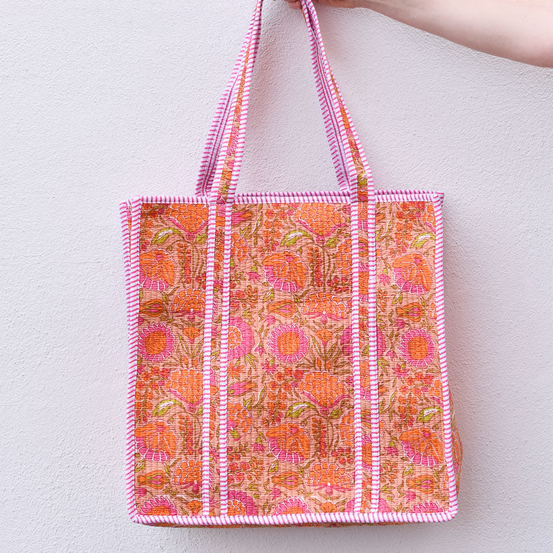 Queens Designs REGULAR QUILTED TOTE BAG Orange Flowers Pink Stripe XL