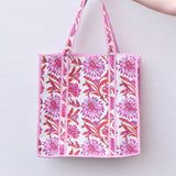 Queens Designs REGULAR QUILTED TOTE BAG Pink Flowers Orange Leaves Pink Stripe XL