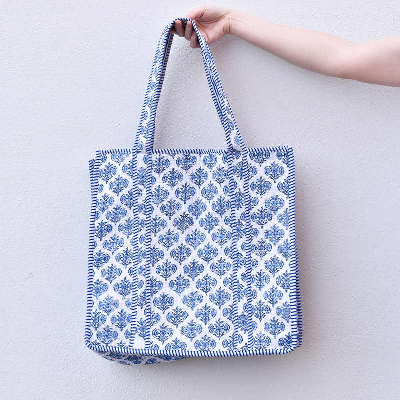 Queens Designs REGULAR QUILTED TOTE BAG Blue Block Print Flowers Navy Stripe XL