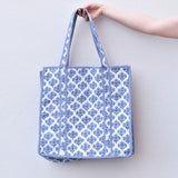 Queens Designs REGULAR QUILTED TOTE BAG Blue Block Print Flowers Navy Stripe XL