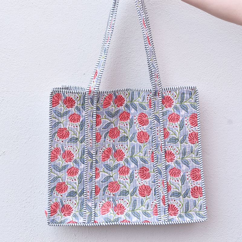 Queens Designs REGULAR QUILTED TOTE BAG Coral Flowers Grey Stripe Large
