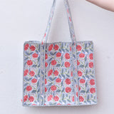 Queens Designs REGULAR QUILTED TOTE BAG Coral Flowers Grey Stripe Large