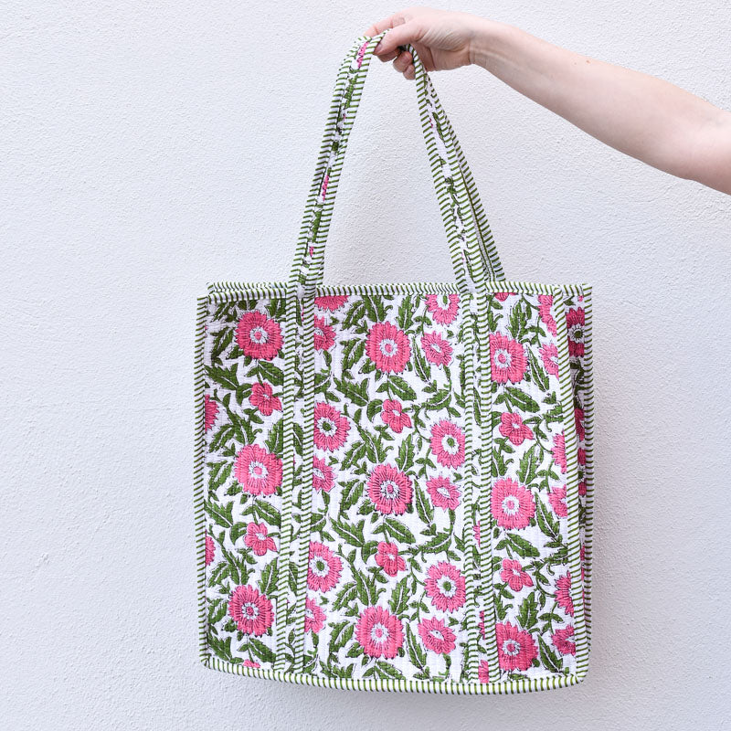 Queens Designs REGULAR QUILTED TOTE BAG Pink Flowers Green Stripe XL
