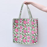 Queens Designs REGULAR QUILTED TOTE BAG Pink Flowers Green Stripe XL