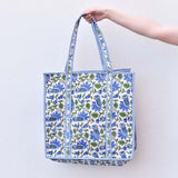 Queens Designs REGULAR QUILTED TOTE BAG Blue Flowers Blue Stripe XL