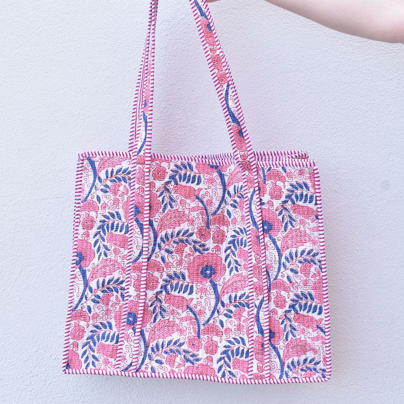 Queens Designs REGULAR QUILTED TOTE BAG Coral Flowers Navy Leaves Raspberry Stripe Large