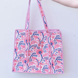 Queens Designs REGULAR QUILTED TOTE BAG Coral Flowers Navy Leaves Raspberry Stripe Large