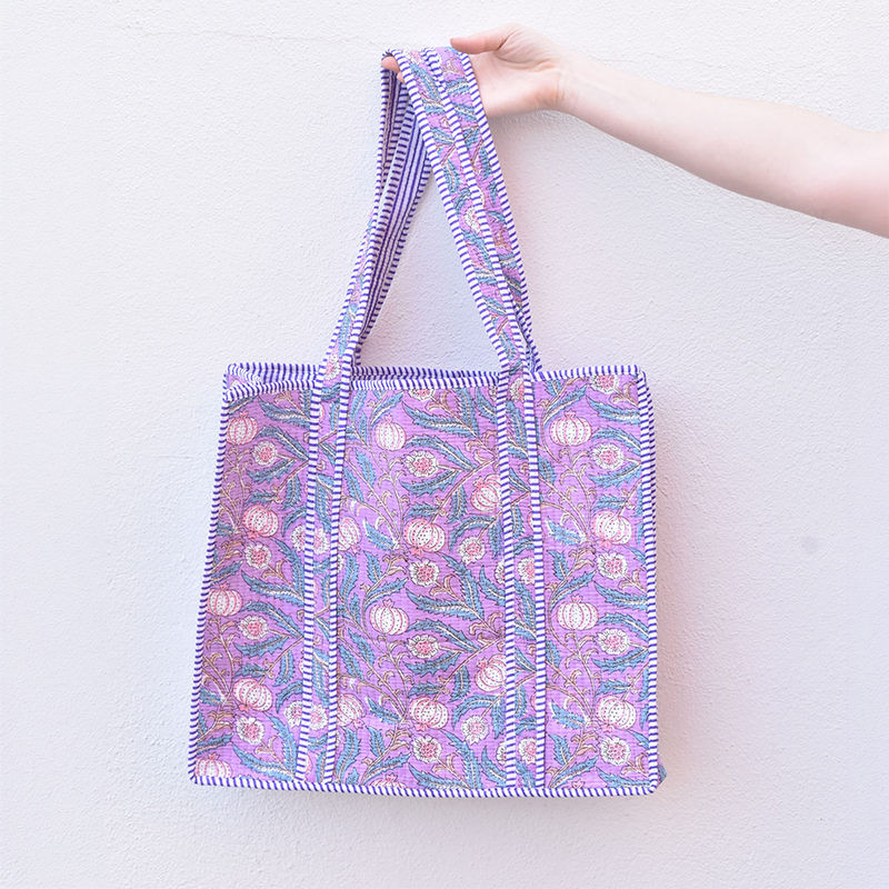 Queens Designs REGULAR QUILTED TOTE BAG Blush Flowers Indigo Leaves Purple Stripe Large