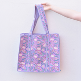 Queens Designs REGULAR QUILTED TOTE BAG Blush Flowers Indigo Leaves Purple Stripe Large