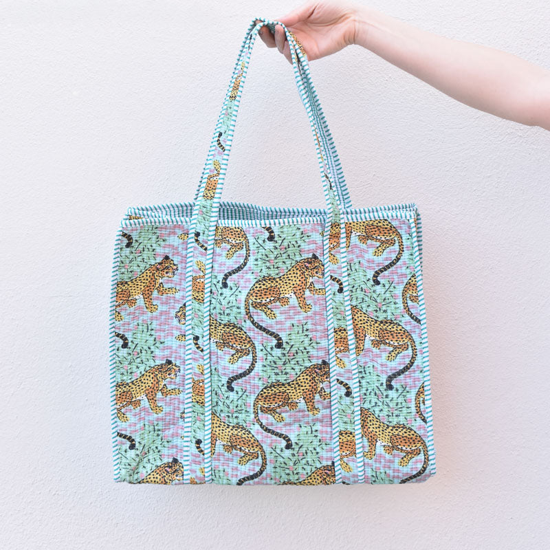 Queens Designs REGULAR QUILTED TOTE BAG Blue Green Tiger Print Teal Stripe Large