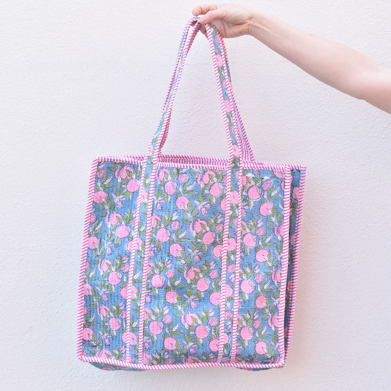 Queens Designs REGULAR QUILTED TOTE BAG Pink Pomegranates Pink Stripe XL