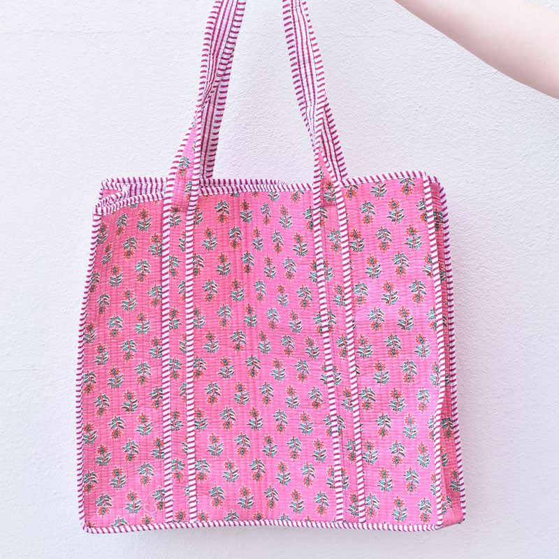 Queens Designs REGULAR QUILTED TOTE BAG Hot Pink Block Print Flowers Pink Stripe Large