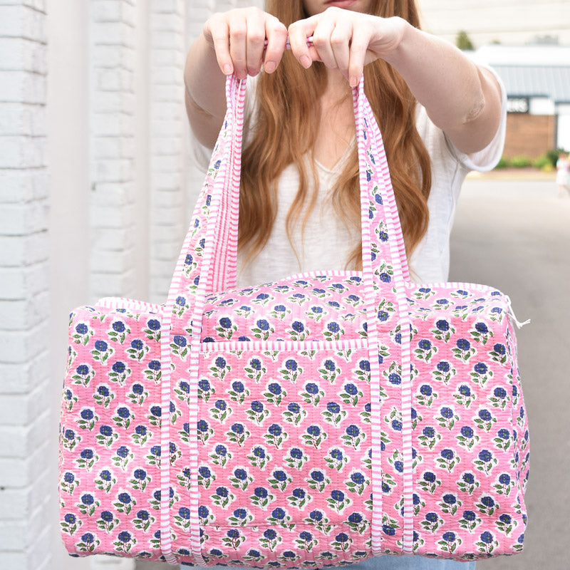 Queens Designs QUILTED DUFFEL BAG Violet Flowers Green Leaves on Pink Pink Stripe