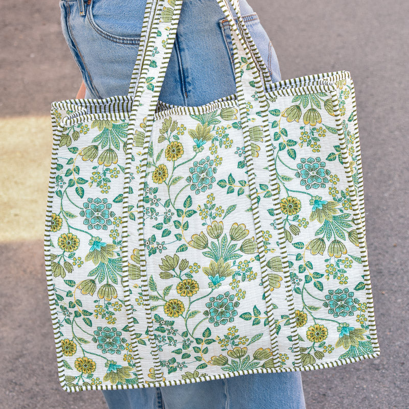 Queens Designs REGULAR QUILTED TOTE BAG Yellow Flowers Olive Green Leaves on White Olive Stripe Large