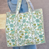 Queens Designs REGULAR QUILTED TOTE BAG Yellow Flowers Olive Green Leaves on White Olive Stripe Large