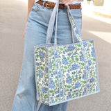 Queens Designs REGULAR QUILTED TOTE BAG Two Tone Blue Flowers Green Leaf Vines on White Blue Stripe Large