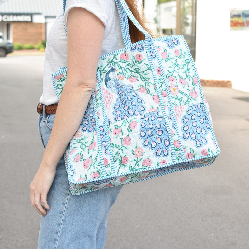 Queens Designs REGULAR QUILTED TOTE BAG Blue Peacock Multi on White Blue Stripe Large