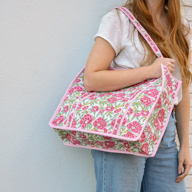 Queens Designs REGULAR QUILTED TOTE BAG Pink Red Flowers Aqua Light Green Leaves on White Pink Stripe Large