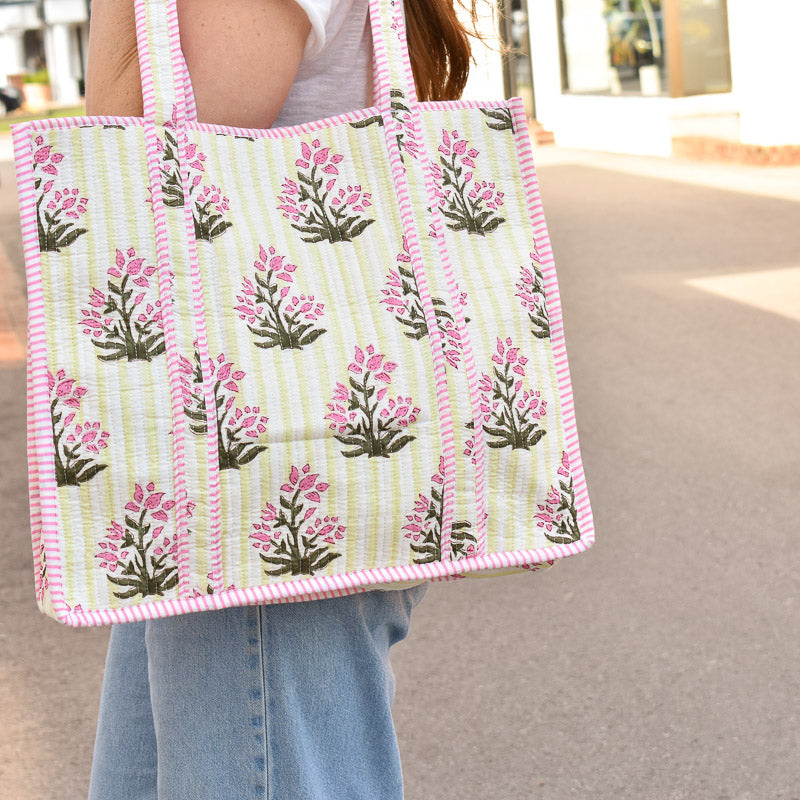 Queens Designs REGULAR QUILTED TOTE BAG Pink Flowers on Yellow Stripes Pink Stripe Large
