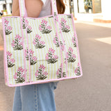 Queens Designs REGULAR QUILTED TOTE BAG Pink Flowers on Yellow Stripes Pink Stripe Large