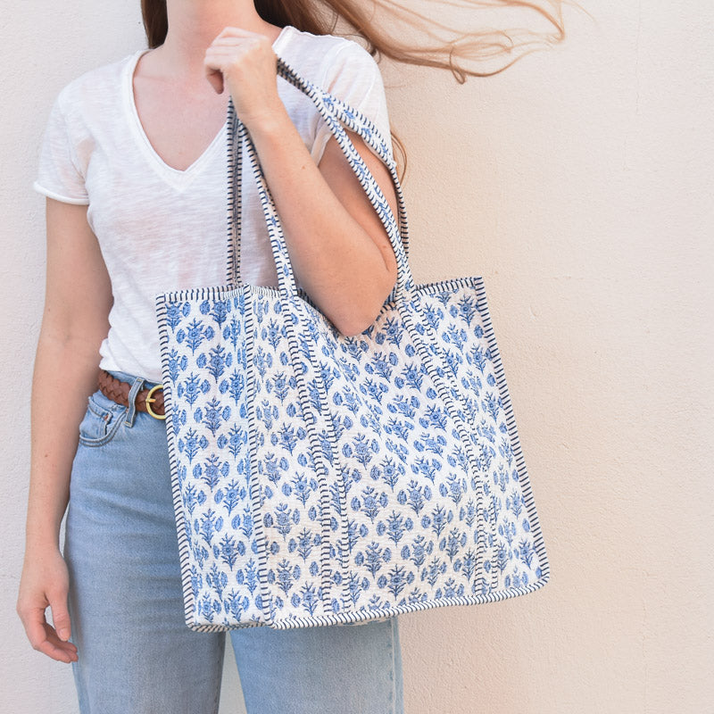 Queens Designs REGULAR QUILTED TOTE BAG Blue Block Print Flowers On White Navy Stripe Large