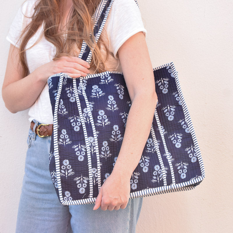 Queens Designs REGULAR QUILTED TOTE BAG Blue Block Print Flower on Navy Navy Stripe Large