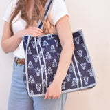 Queens Designs REGULAR QUILTED TOTE BAG Blue Block Print Flower on Navy Navy Stripe Large