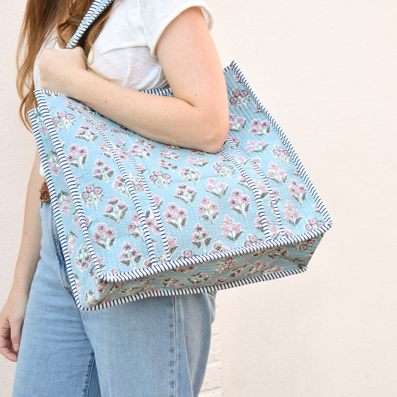 Queens Designs REGULAR QUILTED TOTE BAG Pink Block Print Flowers on Sky Blue Navy Stripe Large