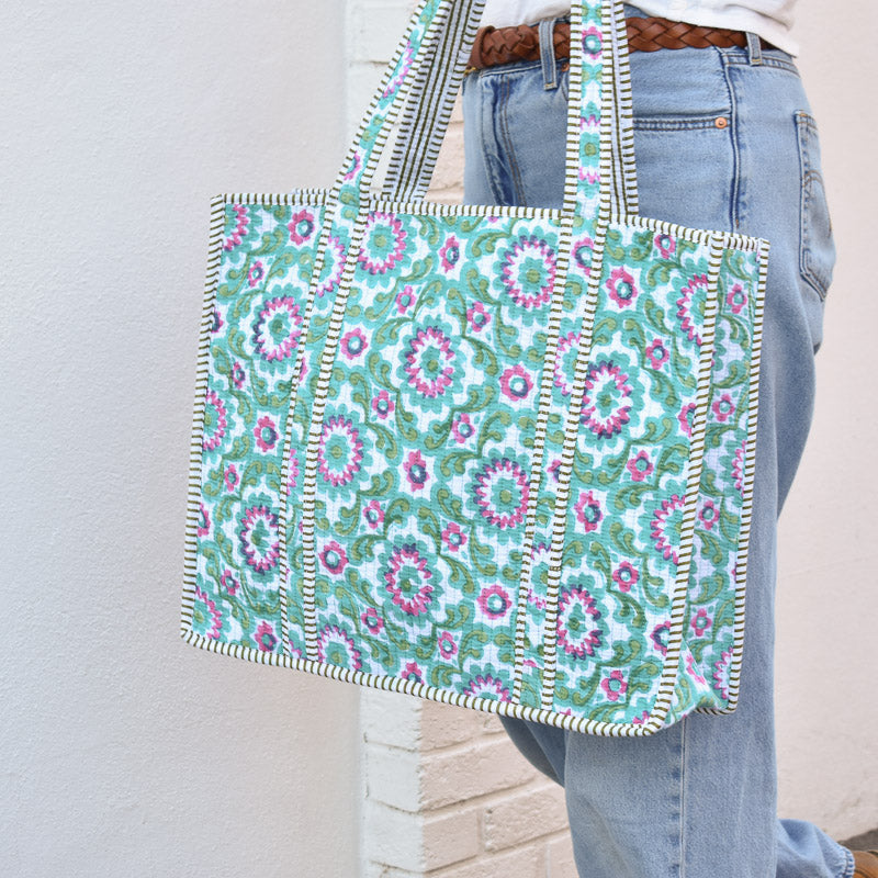 Queens Designs REGULAR QUILTED TOTE BAG Pink Green Jade Flowers on White Olive Stripe Large