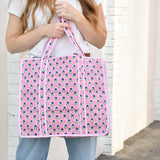 Queens Designs REGULAR QUILTED TOTE BAG Violet Flowers on Pink Pink Stripe Large