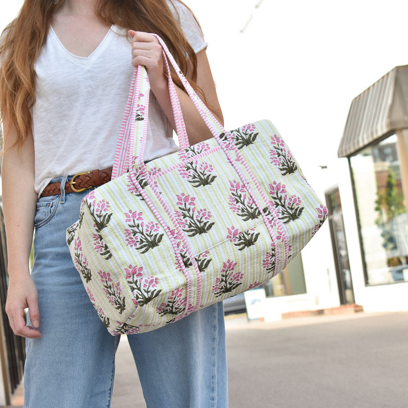 Queens Designs QUILTED DUFFEL BAG Pink Flowers on Yellow Stripes Light Pink Stripe