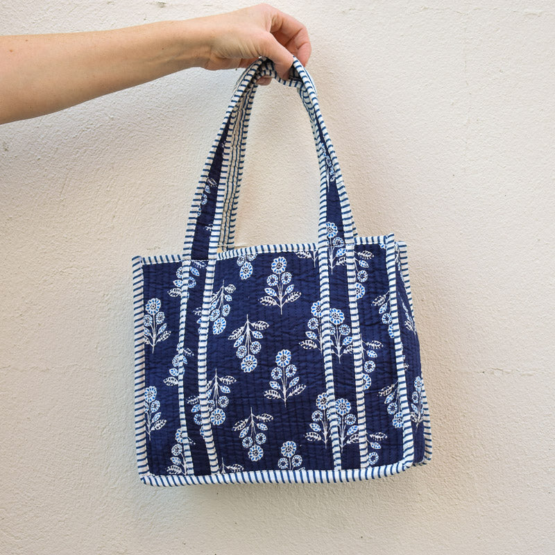 Queens Designs MINI QUILTED TOTE BAG Blue Block Print Flowers on Navy Navy Stripe 5
