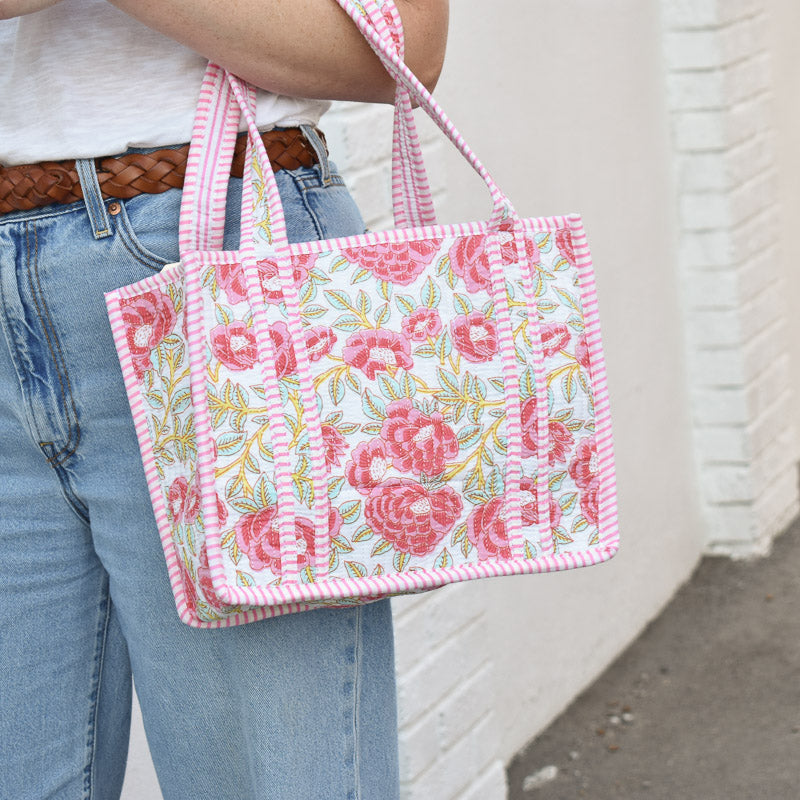 Queens Designs MINI QUILTED TOTE BAG Pink Red Flowers Aqua Light Green Leaves on White Pink Stripe 5