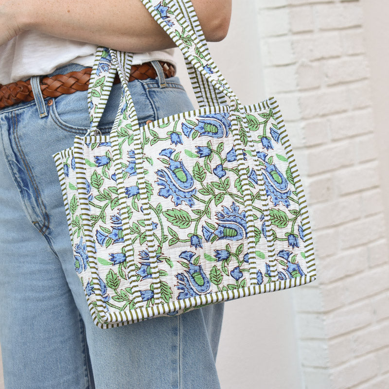 Queens Designs MINI QUILTED TOTE BAG Two Tone Blue Flowers Green Leaf Vines on White Olive Stripe 5
