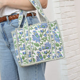 Queens Designs MINI QUILTED TOTE BAG Two Tone Blue Flowers Green Leaf Vines on White Olive Stripe 5"